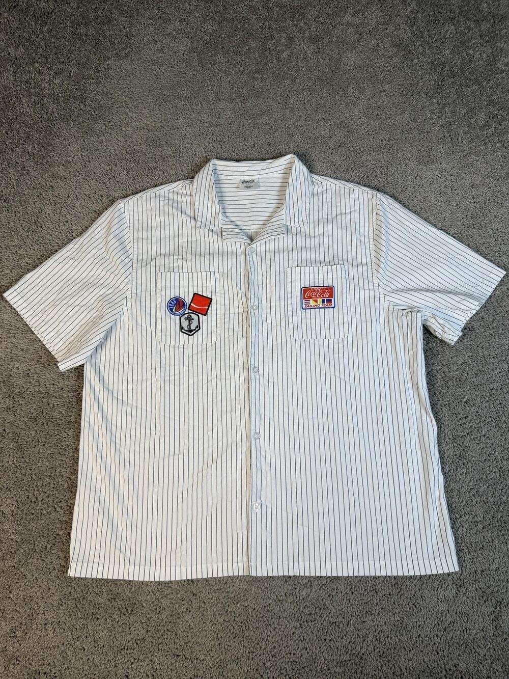 Coca-Cola Shirt Mens 2XL White Sailing Team Button Up Striped Embroidered
